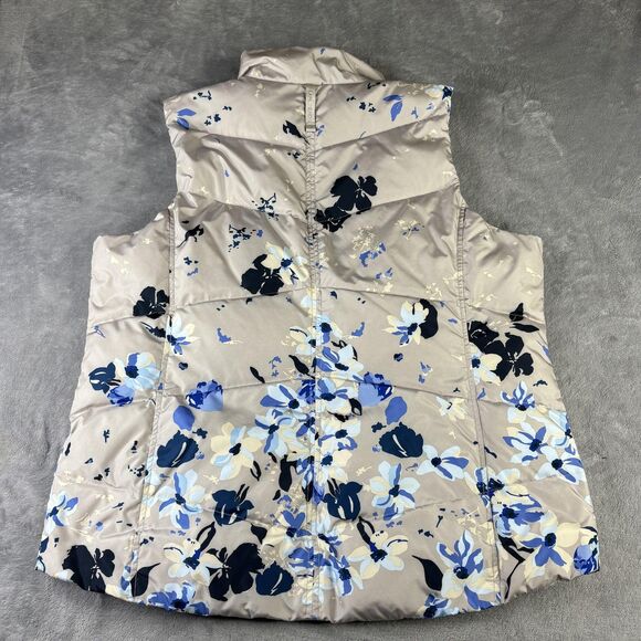 Lands' End Vest Womens Large Tall Floral Puffer Down Beige Blue Zip Pockets - Picture 3 of 13